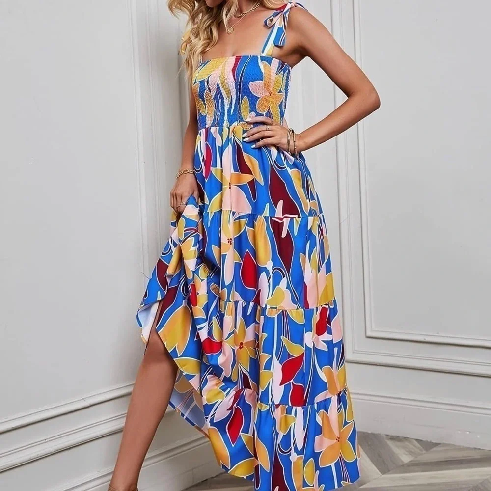 Floral Ruffle Maxi Dress With Tie Straps - Picture 9 of 11